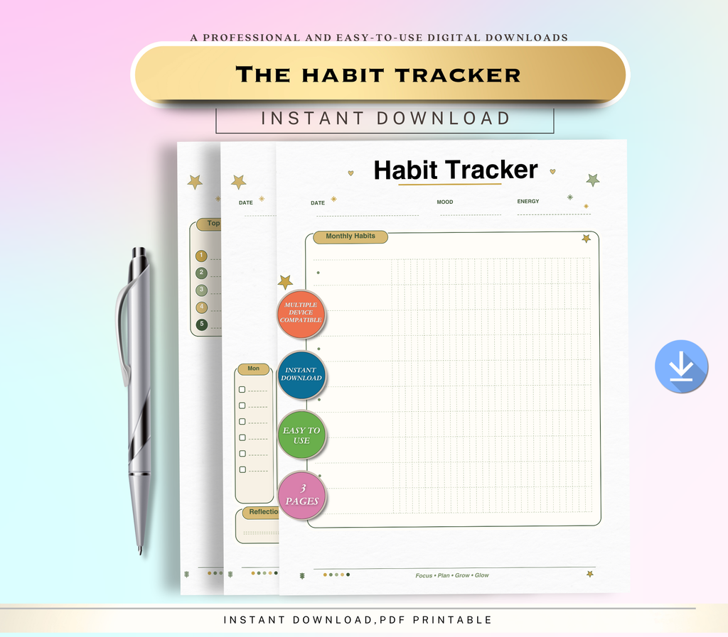 Habit Tracker | Printable PDF &amp; PNG Daily Routine Planner | Habit Building, Productivity &amp; Goal Tracking Tool