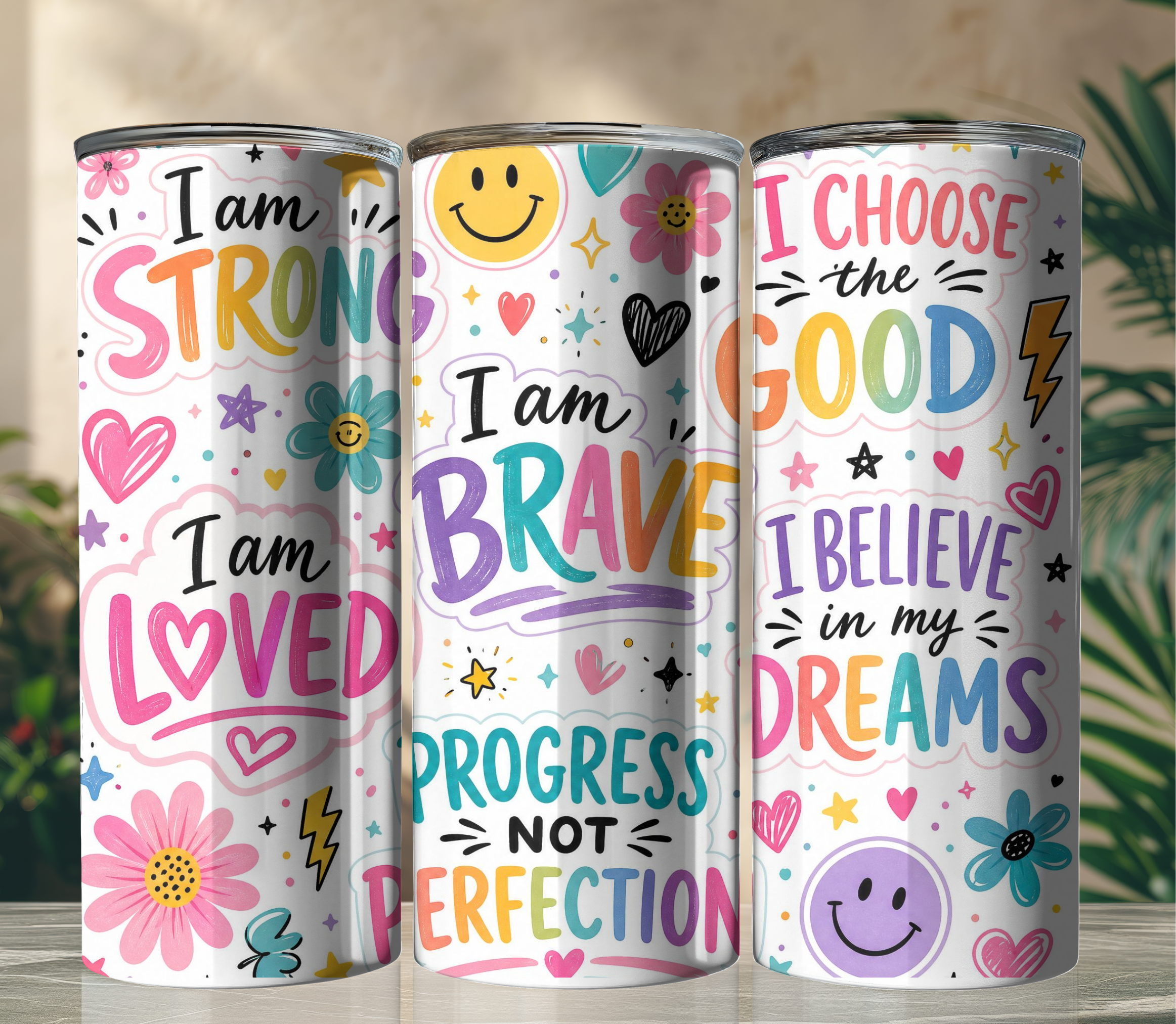 Affirmation Sticker Collage 20oz Skinny Tumbler Wrap PNG | Motivational Sublimation Design | Digital Download