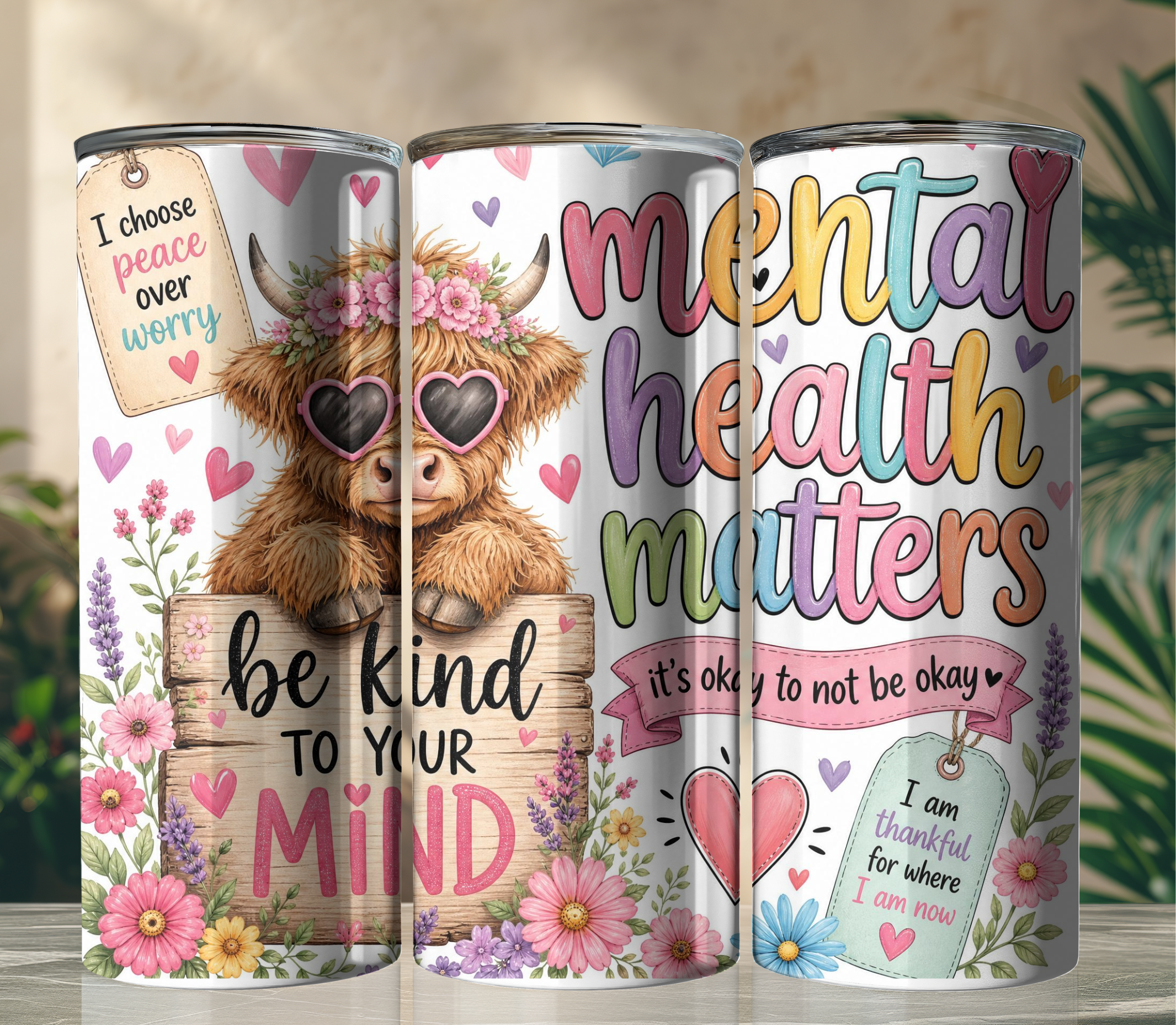 Mental Health Cow 20oz Skinny Tumbler | Cute Highland Cow Self-Care Affirmation Tumbler | Positive Quote Travel Cup