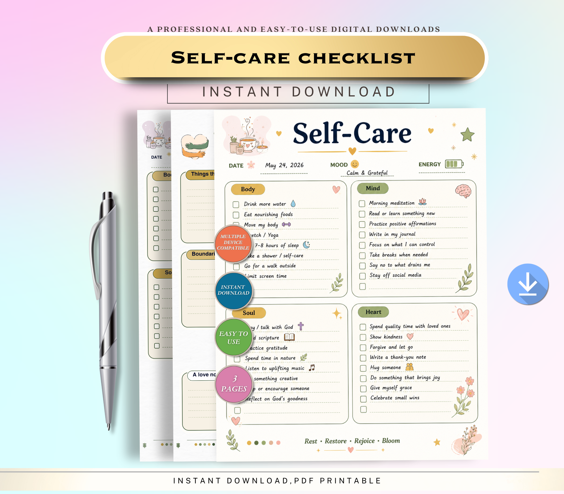 Self-Care Checklist | Printable PDF &amp; PNG Wellness Planner | Daily Self-Love Routine, Mindfulness &amp; Mental Health Tracker