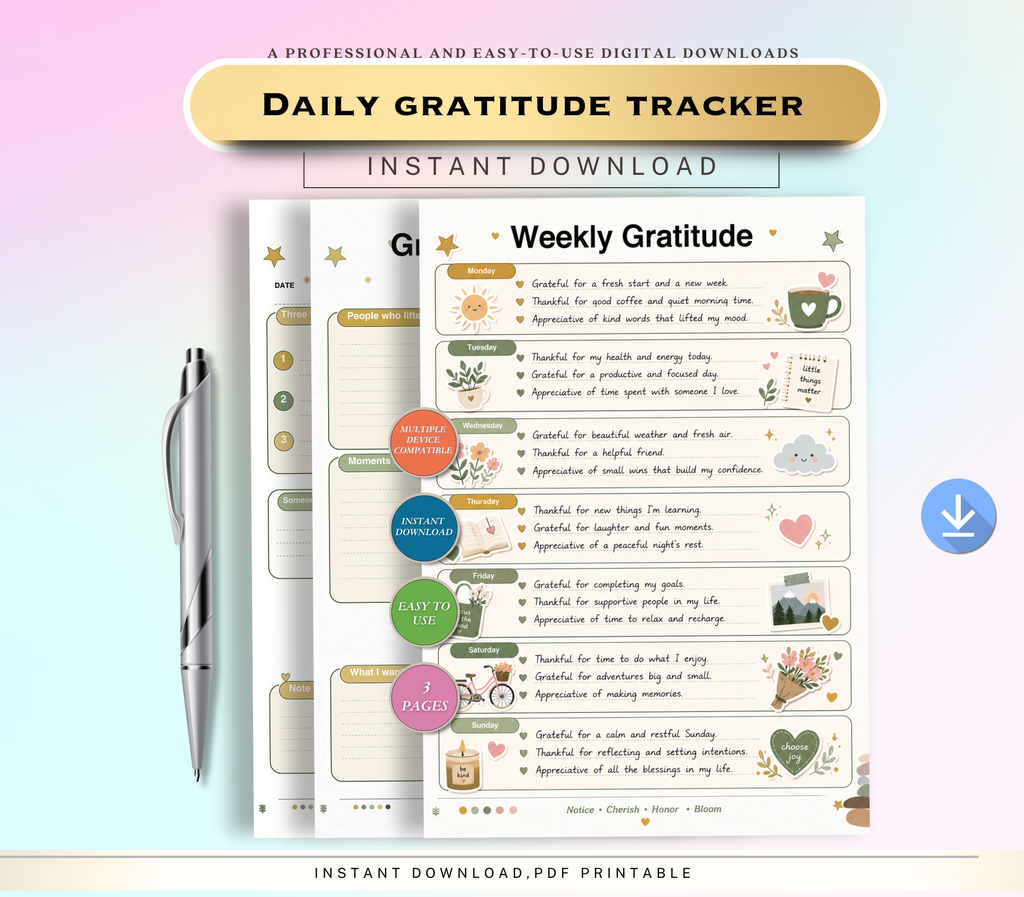 Daily Gratitude Tracker | Printable PDF &amp; PNG Journal for Mindfulness &amp; Positive Living