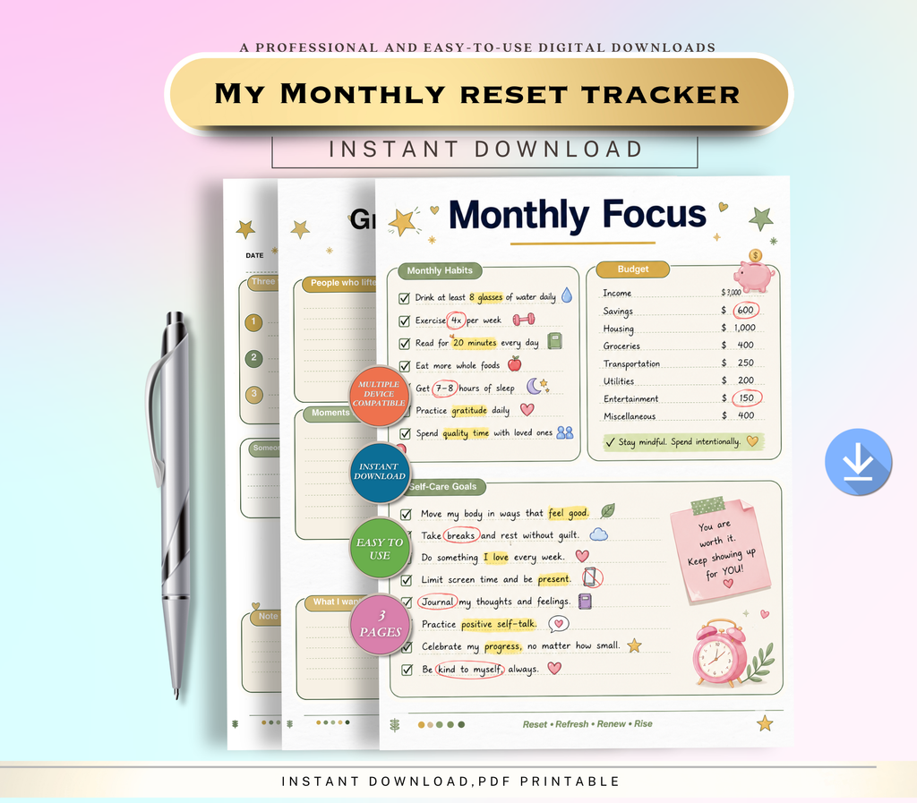 My Monthly Reset Tracker | Printable PDF &amp; PNG Planner | Monthly Reflection, Goal Setting &amp; Reset Routine Checklist