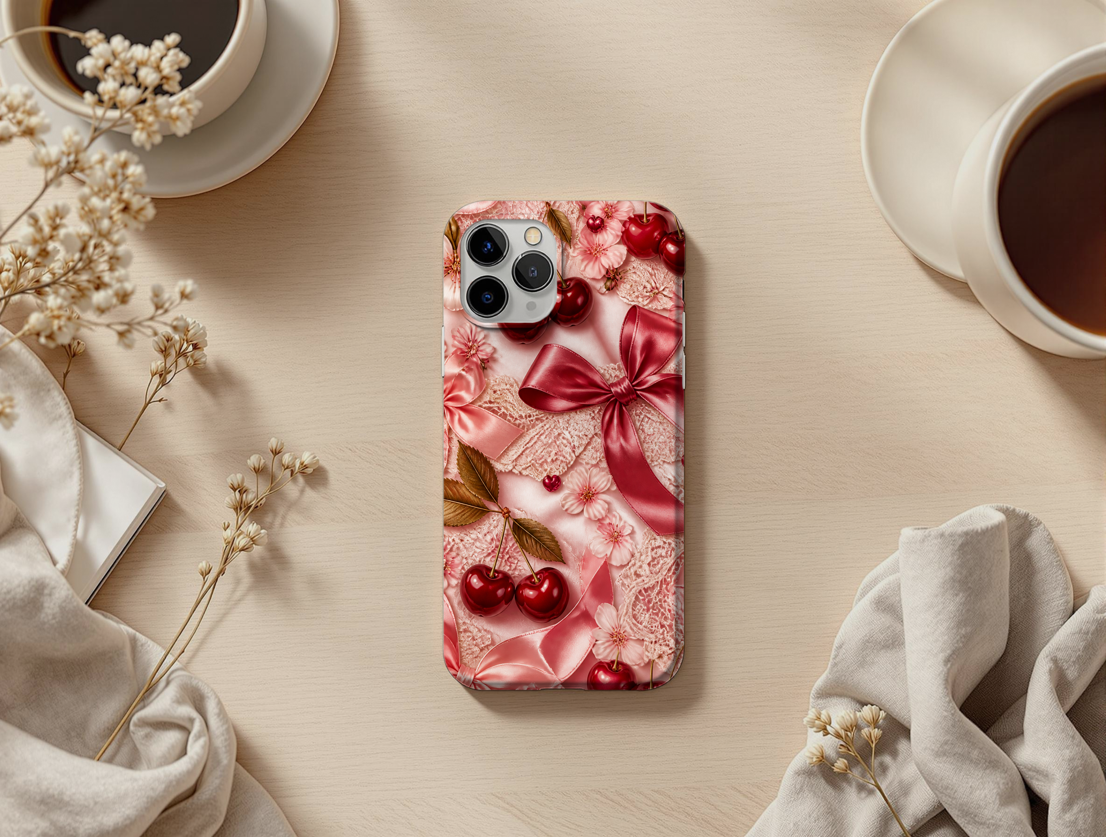 Coquette Cherry Phone Case PNG | Cute Cherry Bow Phone Case Design | Aesthetic Digital Download
