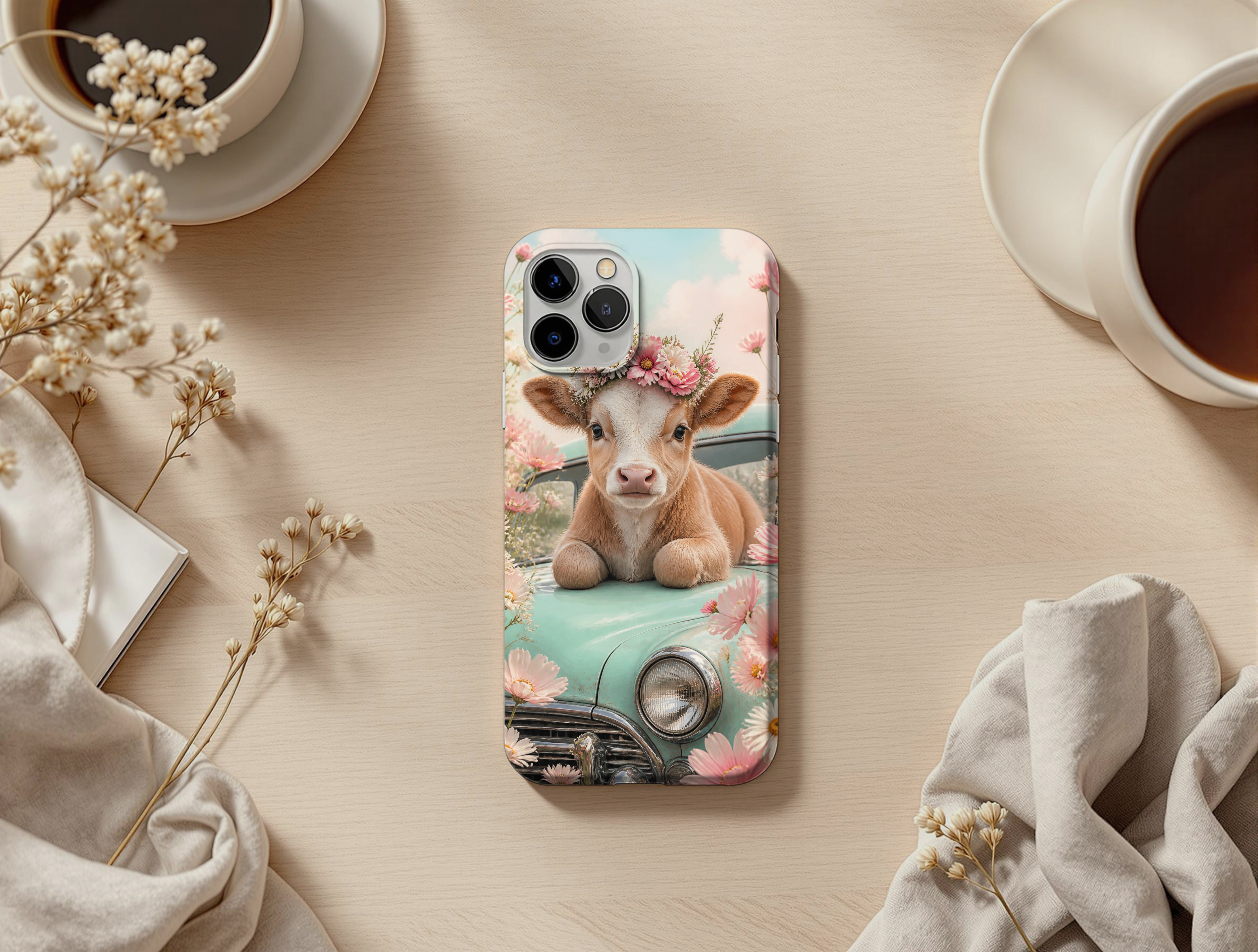 Highland Cow Phone Case PNG | Cute Floral Cow Phone Case Design | Aesthetic Digital Download