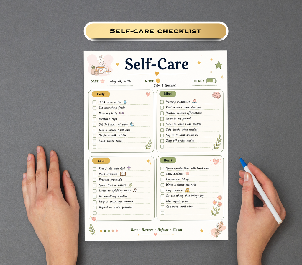 Self-Care Checklist | Printable PDF &amp; PNG Wellness Planner | Daily Self-Love Routine, Mindfulness &amp; Mental Health Tracker