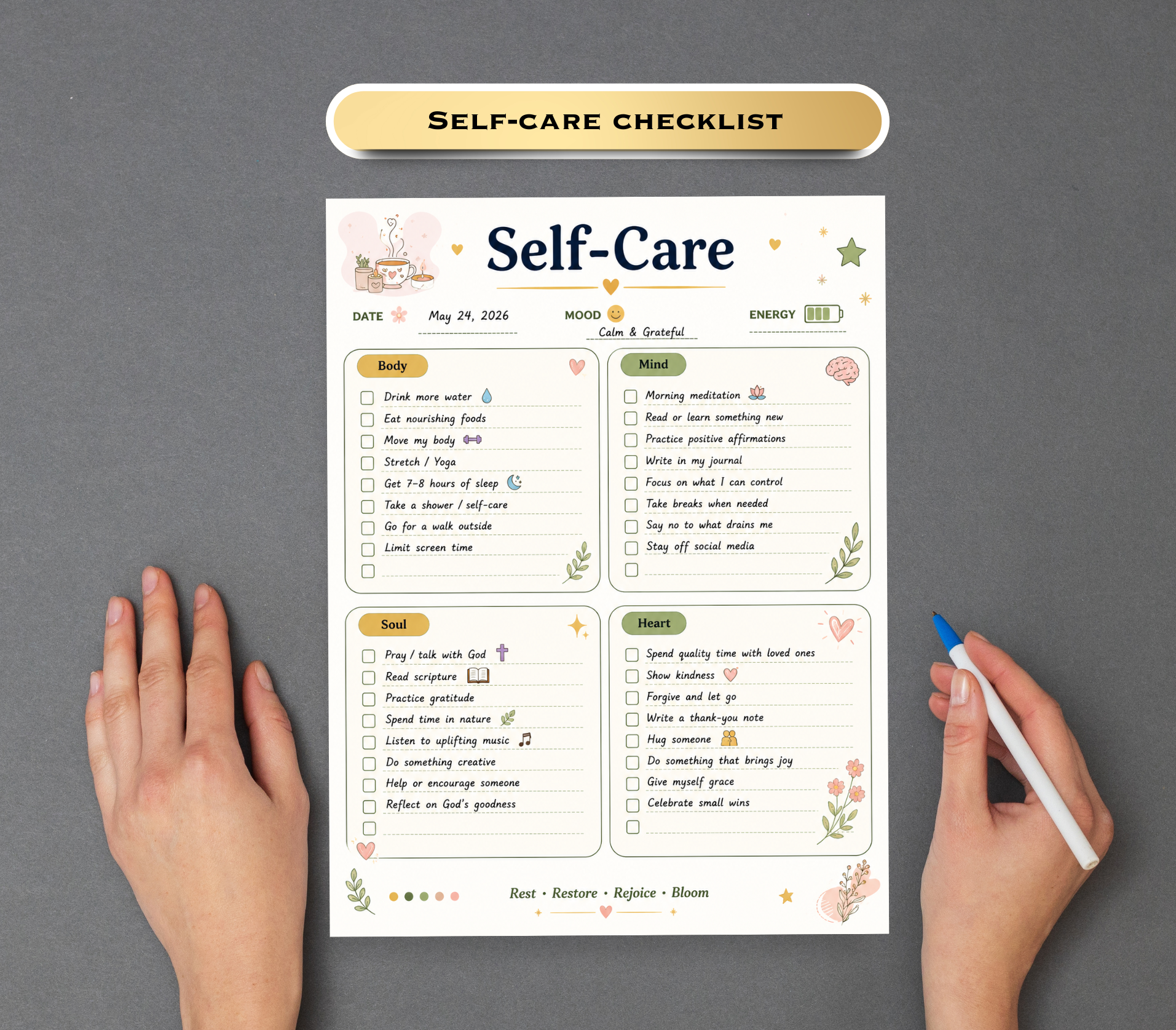 Self-Care Checklist | Printable PDF &amp; PNG Wellness Planner | Daily Self-Love Routine, Mindfulness &amp; Mental Health Tracker