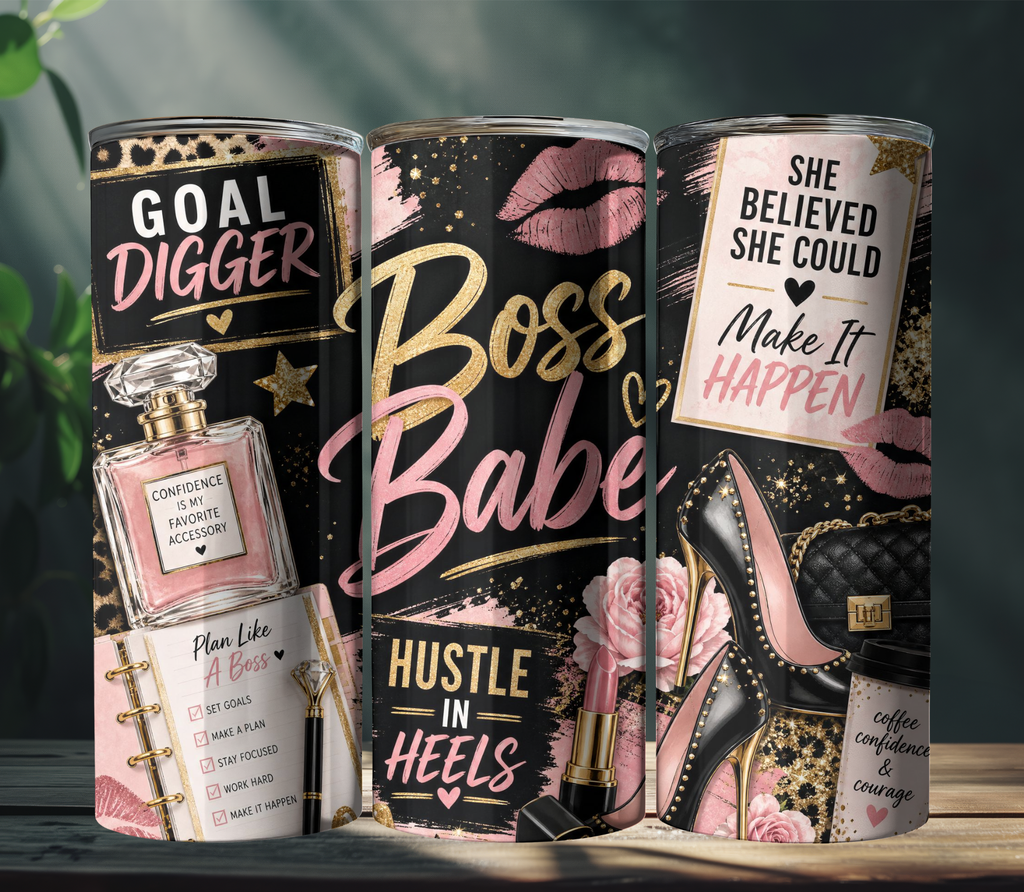 Boss Babe Glam 20oz Skinny Tumbler Wrap PNG | Chic Girl Boss Sublimation Design | Motivational Digital Download