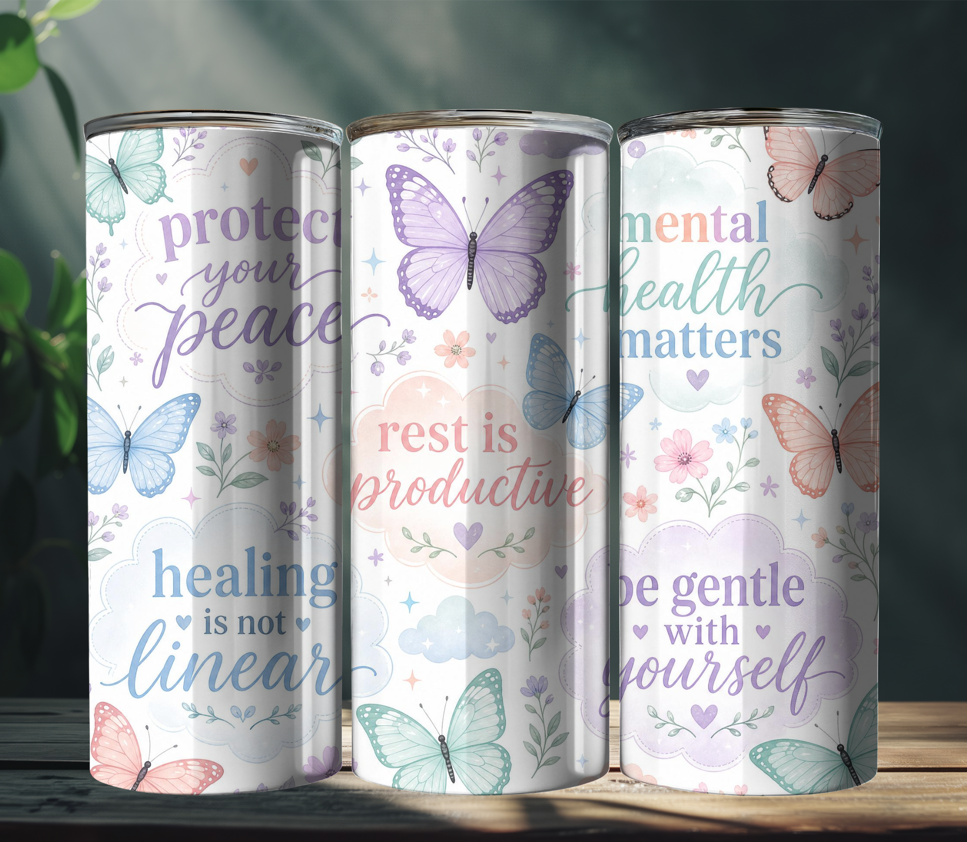 Pastel Butterfly Mental Health 20oz Skinny Tumbler Wrap PNG | Self Care Sublimation Design | Digital Download