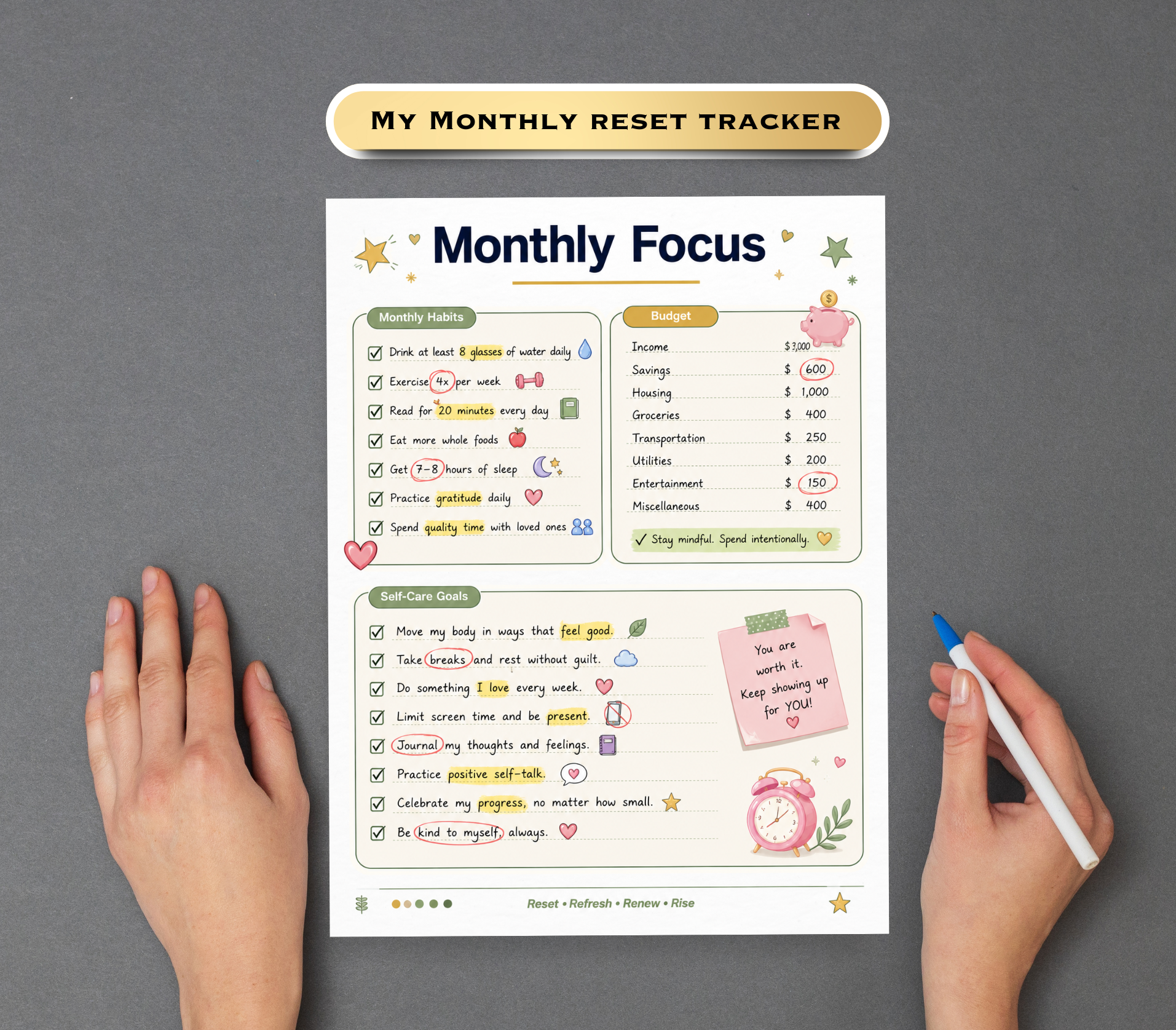 My Monthly Reset Tracker | Printable PDF &amp; PNG Planner | Monthly Reflection, Goal Setting &amp; Reset Routine Checklist