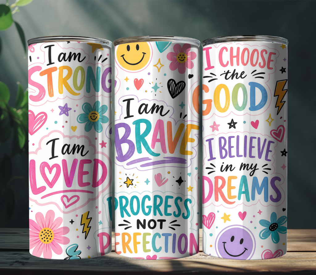 Affirmation Sticker Collage 20oz Skinny Tumbler Wrap PNG | Motivational Sublimation Design | Digital Download