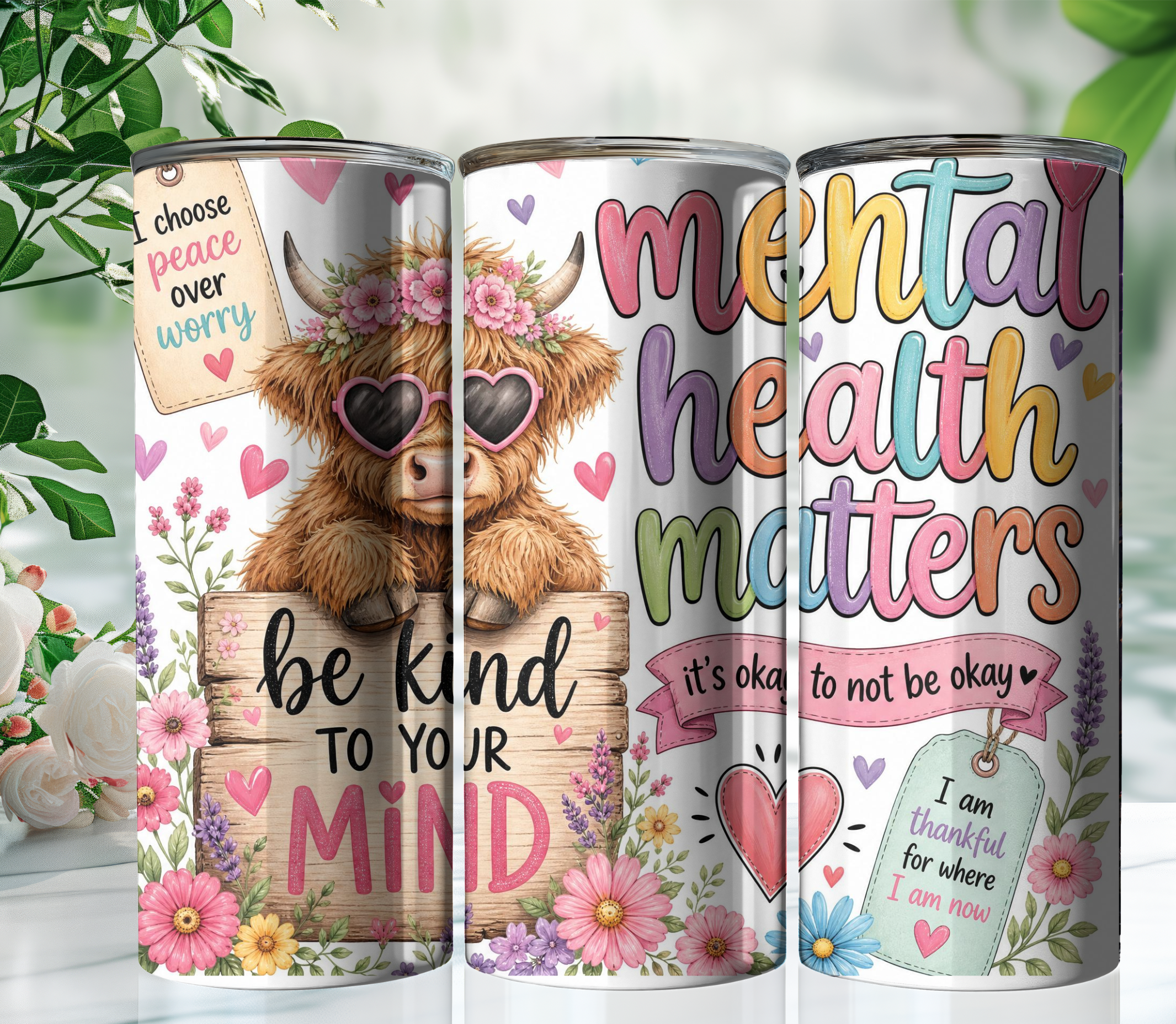 Mental Health Cow 20oz Skinny Tumbler | Cute Highland Cow Self-Care Affirmation Tumbler | Positive Quote Travel Cup