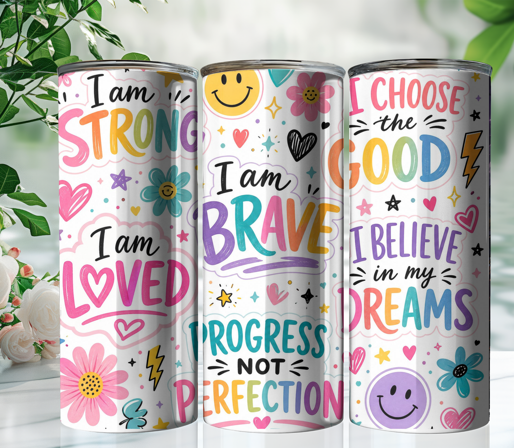 Affirmation Sticker Collage 20oz Skinny Tumbler Wrap PNG | Motivational Sublimation Design | Digital Download
