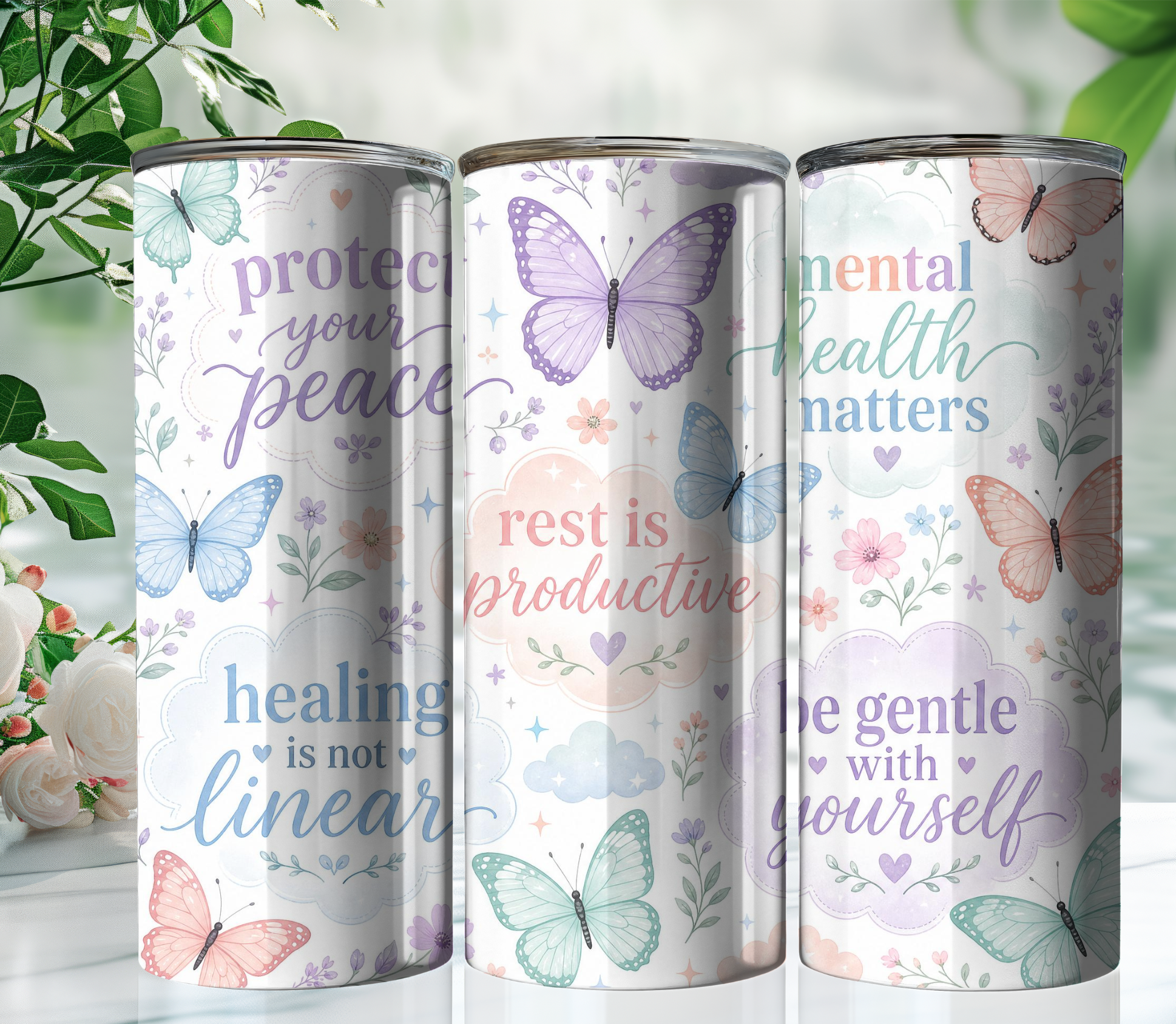 Pastel Butterfly Mental Health 20oz Skinny Tumbler Wrap PNG | Self Care Sublimation Design | Digital Download