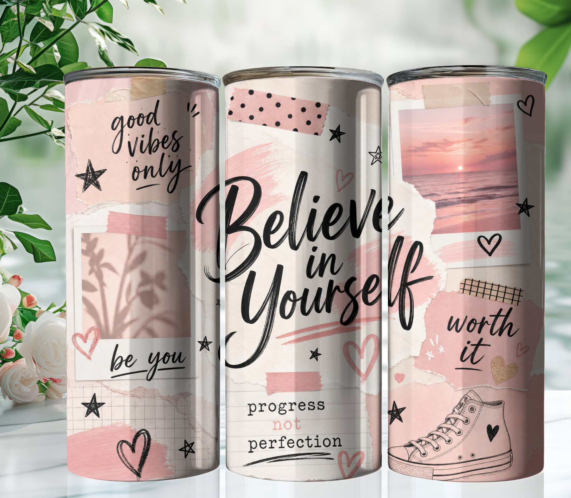Believe in Yourself Collage 20oz Skinny Tumbler Wrap PNG | Motivational Affirmation Sublimation Design | Digital Download