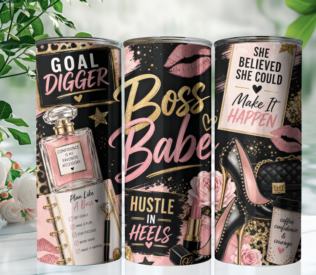 Boss Babe Glam 20oz Skinny Tumbler Wrap PNG | Chic Girl Boss Sublimation Design | Motivational Digital Download