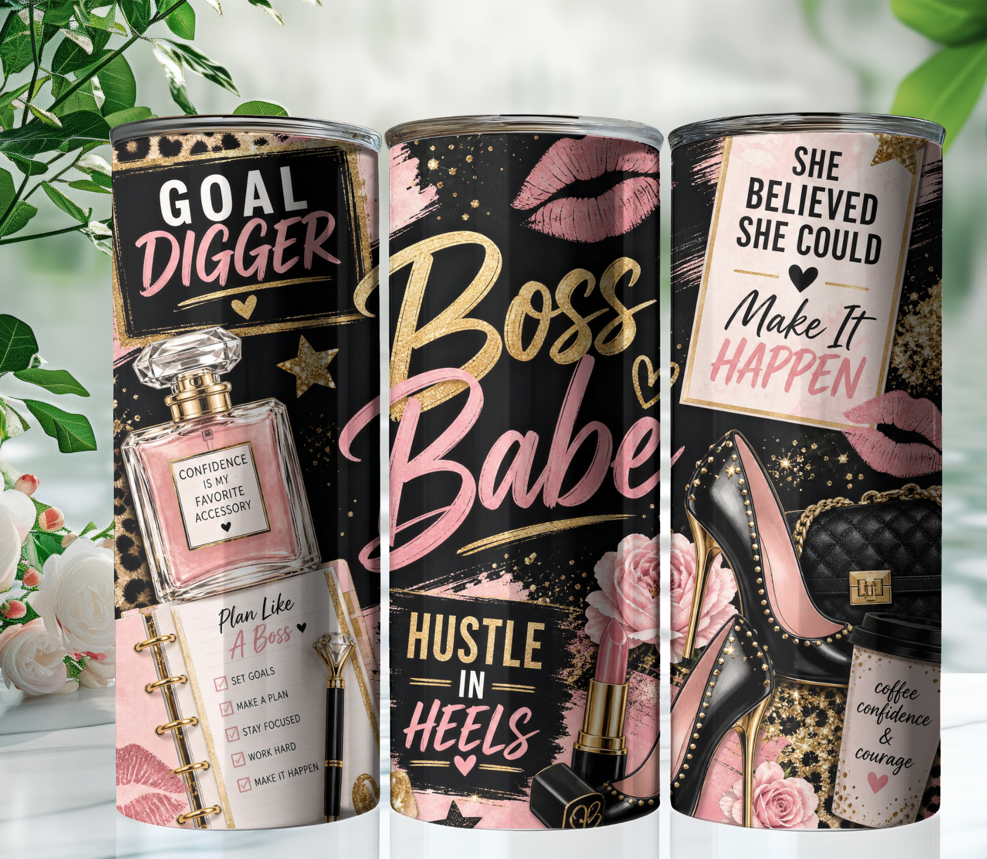 Boss Babe Glam 20oz Skinny Tumbler Wrap PNG | Chic Girl Boss Sublimation Design | Motivational Digital Download