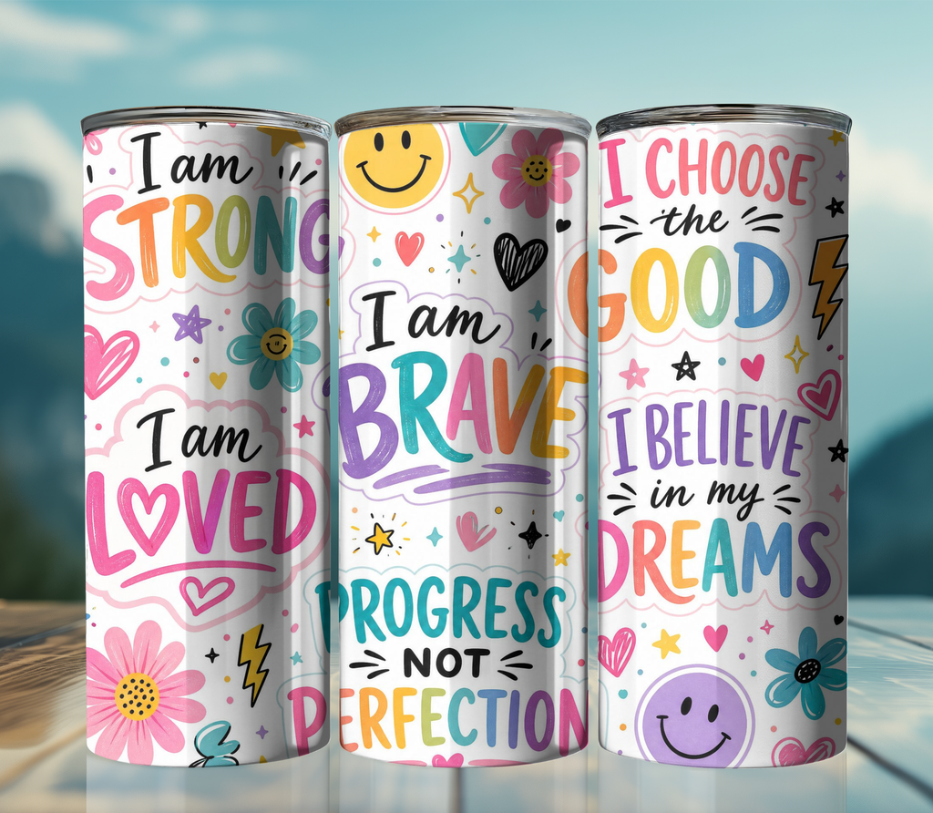 Affirmation Sticker Collage 20oz Skinny Tumbler Wrap PNG | Motivational Sublimation Design | Digital Download