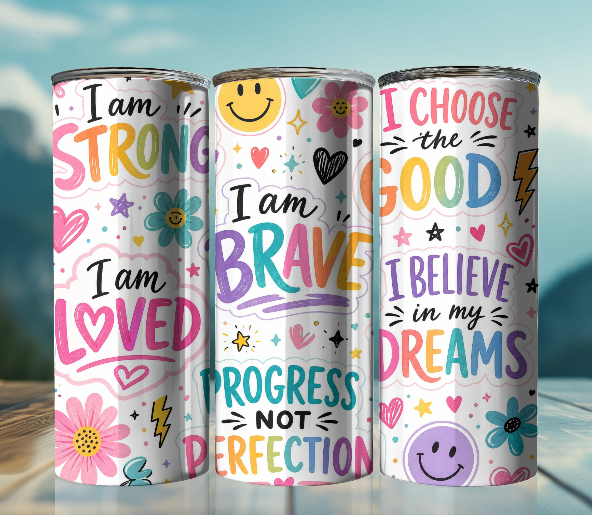 Affirmation Sticker Collage 20oz Skinny Tumbler Wrap PNG | Motivational Sublimation Design | Digital Download