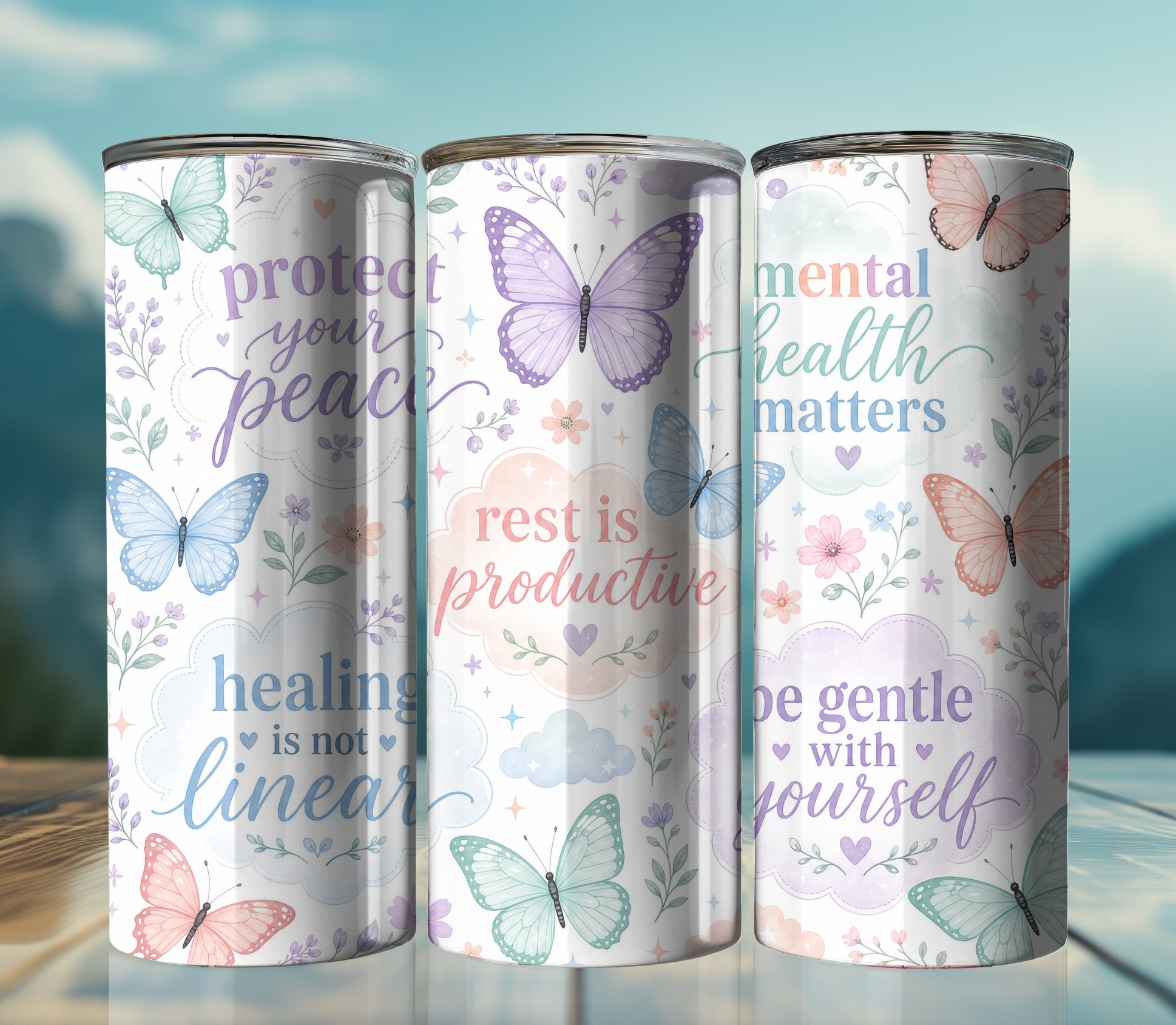 Pastel Butterfly Mental Health 20oz Skinny Tumbler Wrap PNG | Self Care Sublimation Design | Digital Download