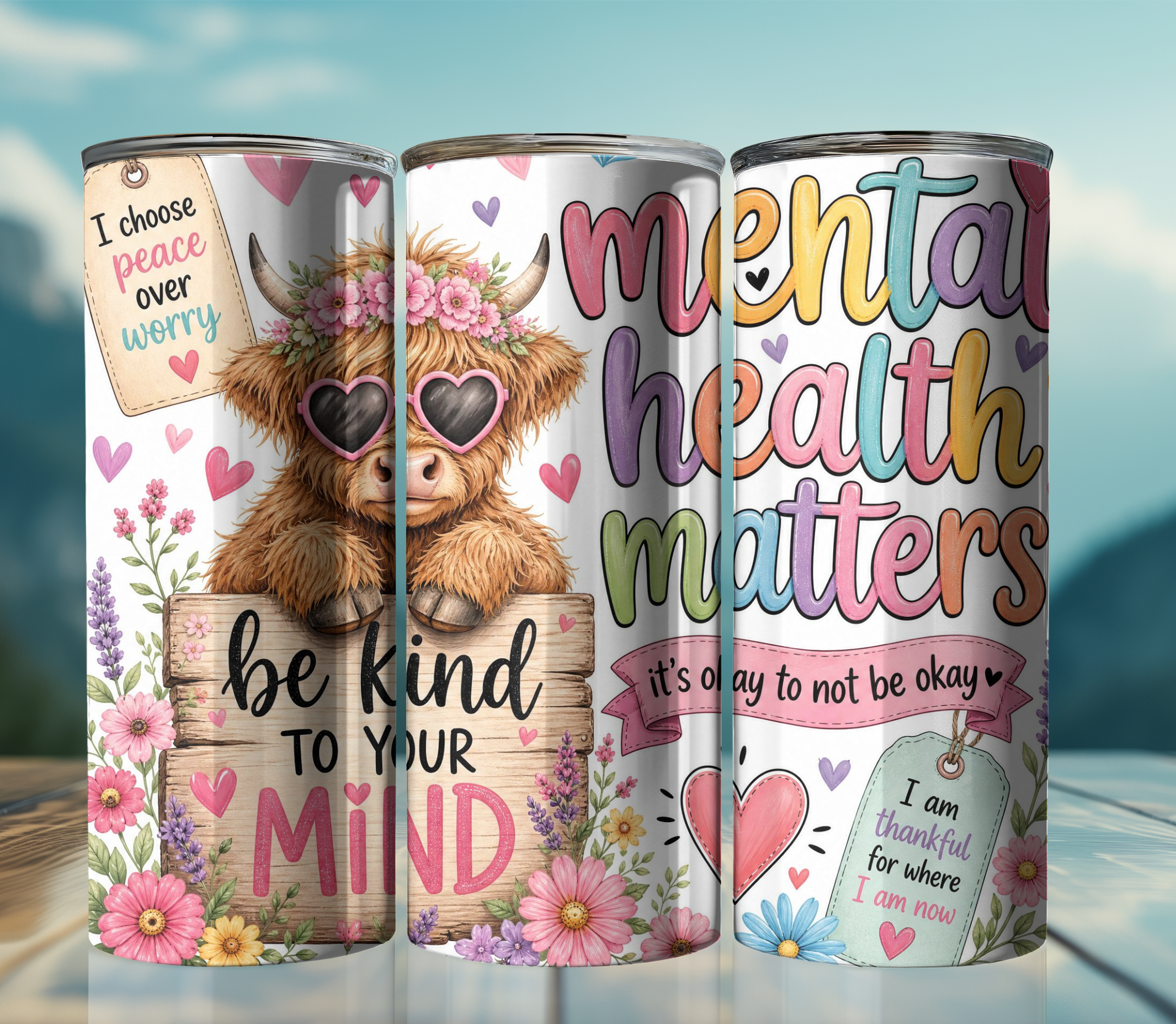 Mental Health Cow 20oz Skinny Tumbler | Cute Highland Cow Self-Care Affirmation Tumbler | Positive Quote Travel Cup