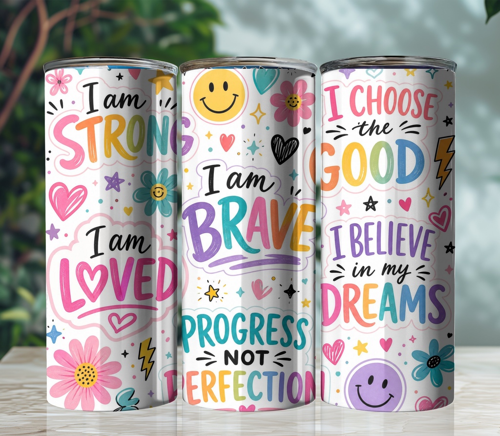 Affirmation Sticker Collage 20oz Skinny Tumbler Wrap PNG | Motivational Sublimation Design | Digital Download
