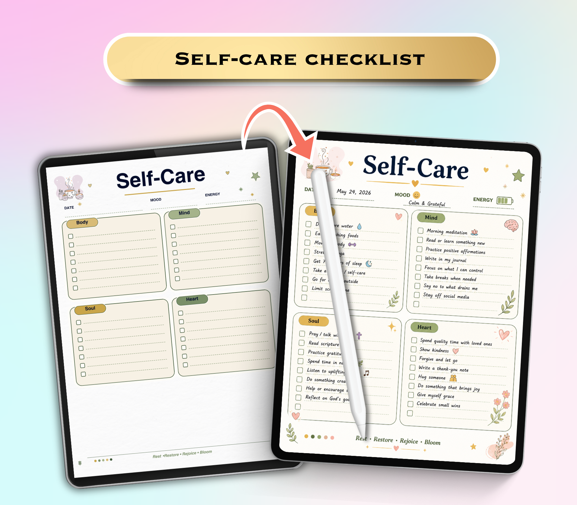 Self-Care Checklist | Printable PDF &amp; PNG Wellness Planner | Daily Self-Love Routine, Mindfulness &amp; Mental Health Tracker