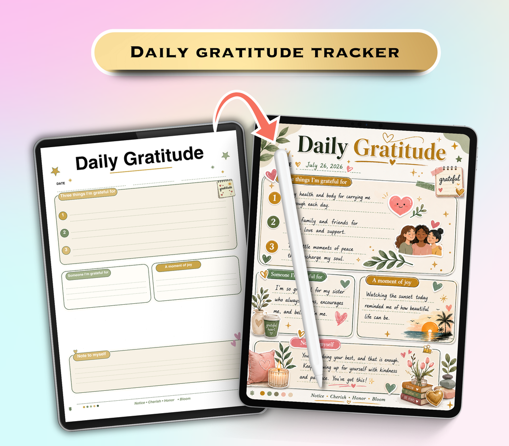Daily Gratitude Tracker | Printable PDF &amp; PNG Journal for Mindfulness &amp; Positive Living