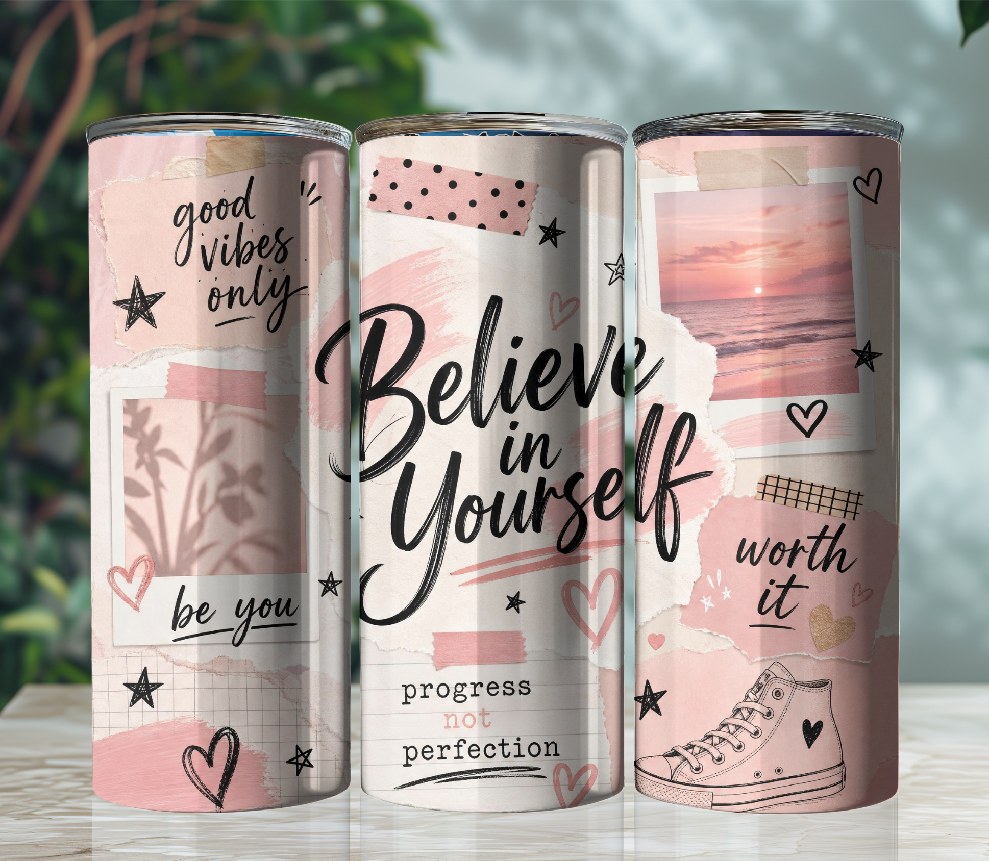Believe in Yourself Collage 20oz Skinny Tumbler Wrap PNG | Motivational Affirmation Sublimation Design | Digital Download