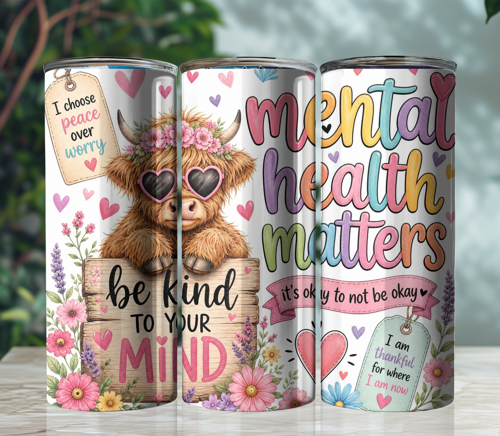 Mental Health Cow 20oz Skinny Tumbler | Cute Highland Cow Self-Care Affirmation Tumbler | Positive Quote Travel Cup