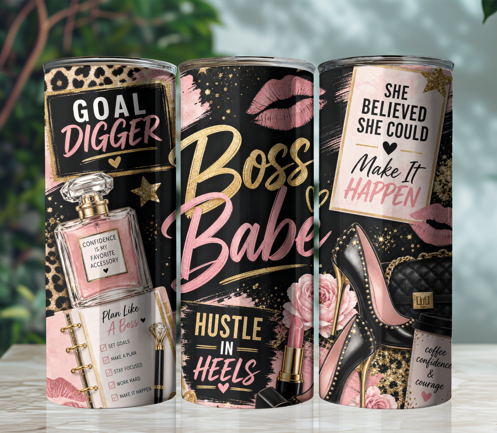 Boss Babe Glam 20oz Skinny Tumbler Wrap PNG | Chic Girl Boss Sublimation Design | Motivational Digital Download