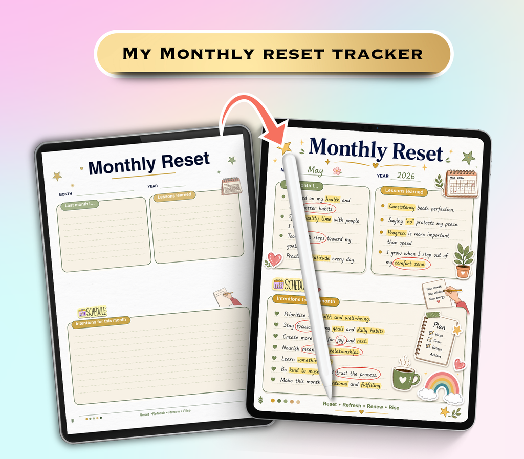 My Monthly Reset Tracker | Printable PDF &amp; PNG Planner | Monthly Reflection, Goal Setting &amp; Reset Routine Checklist