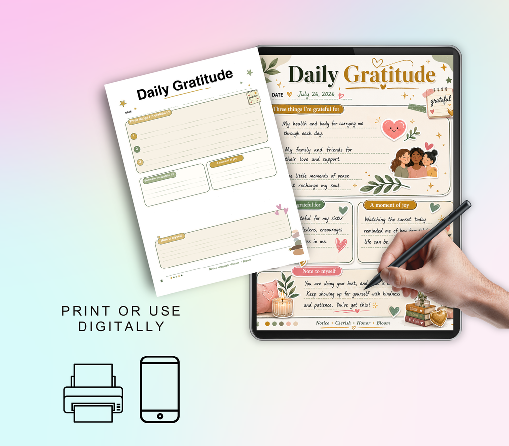 Daily Gratitude Tracker | Printable PDF &amp; PNG Journal for Mindfulness &amp; Positive Living