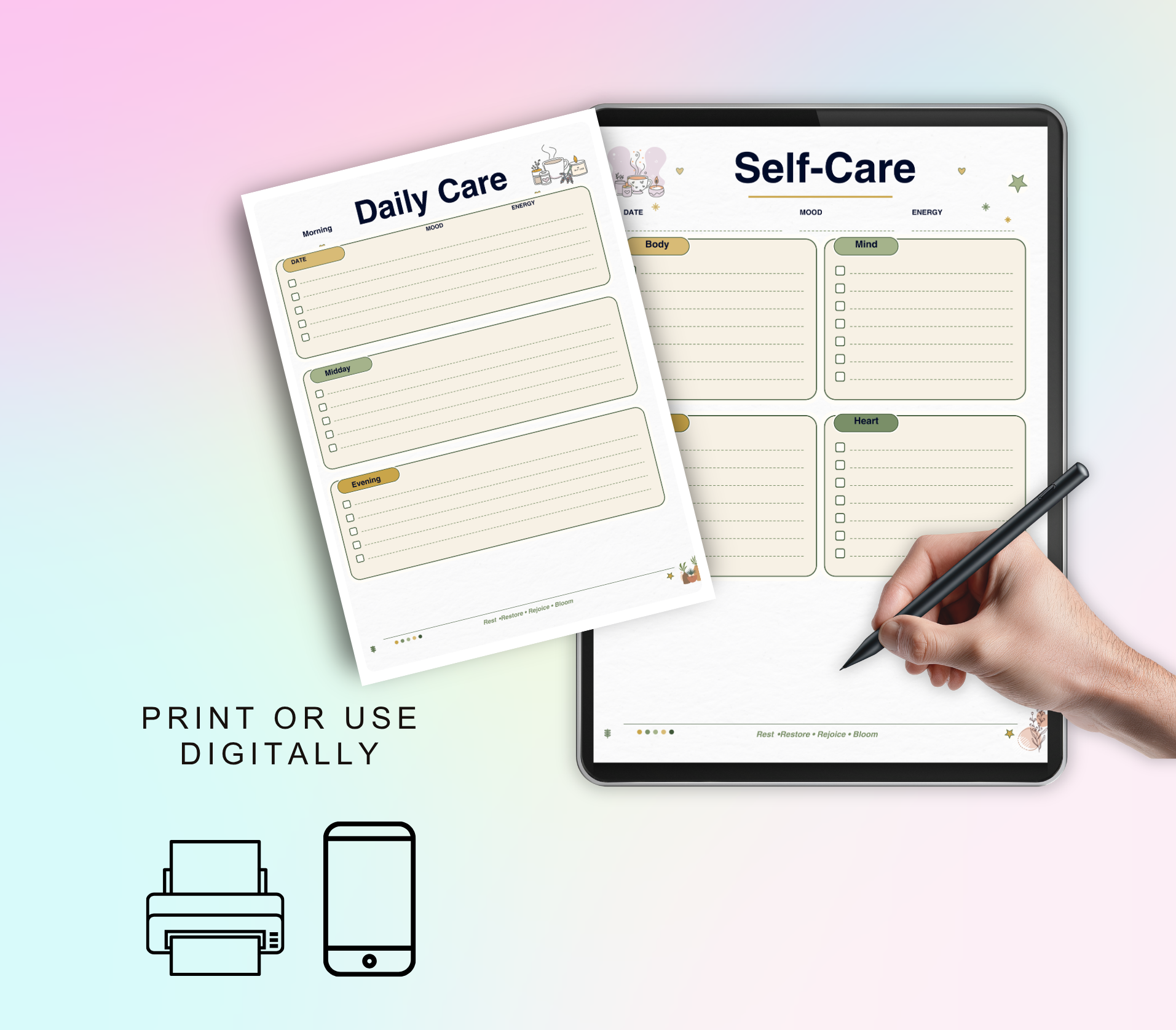 Self-Care Checklist | Printable PDF &amp; PNG Wellness Planner | Daily Self-Love Routine, Mindfulness &amp; Mental Health Tracker
