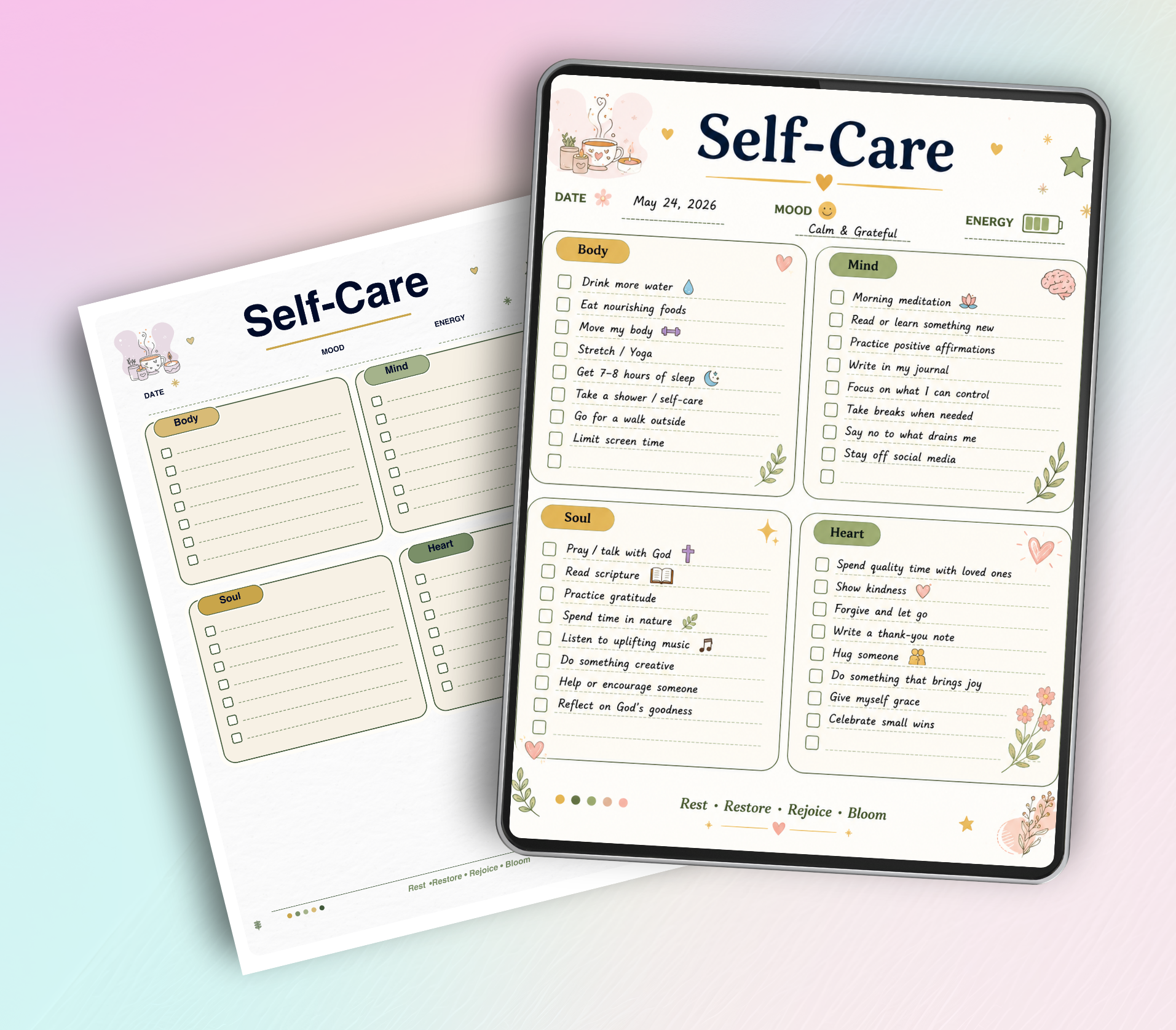 Self-Care Checklist | Printable PDF &amp; PNG Wellness Planner | Daily Self-Love Routine, Mindfulness &amp; Mental Health Tracker