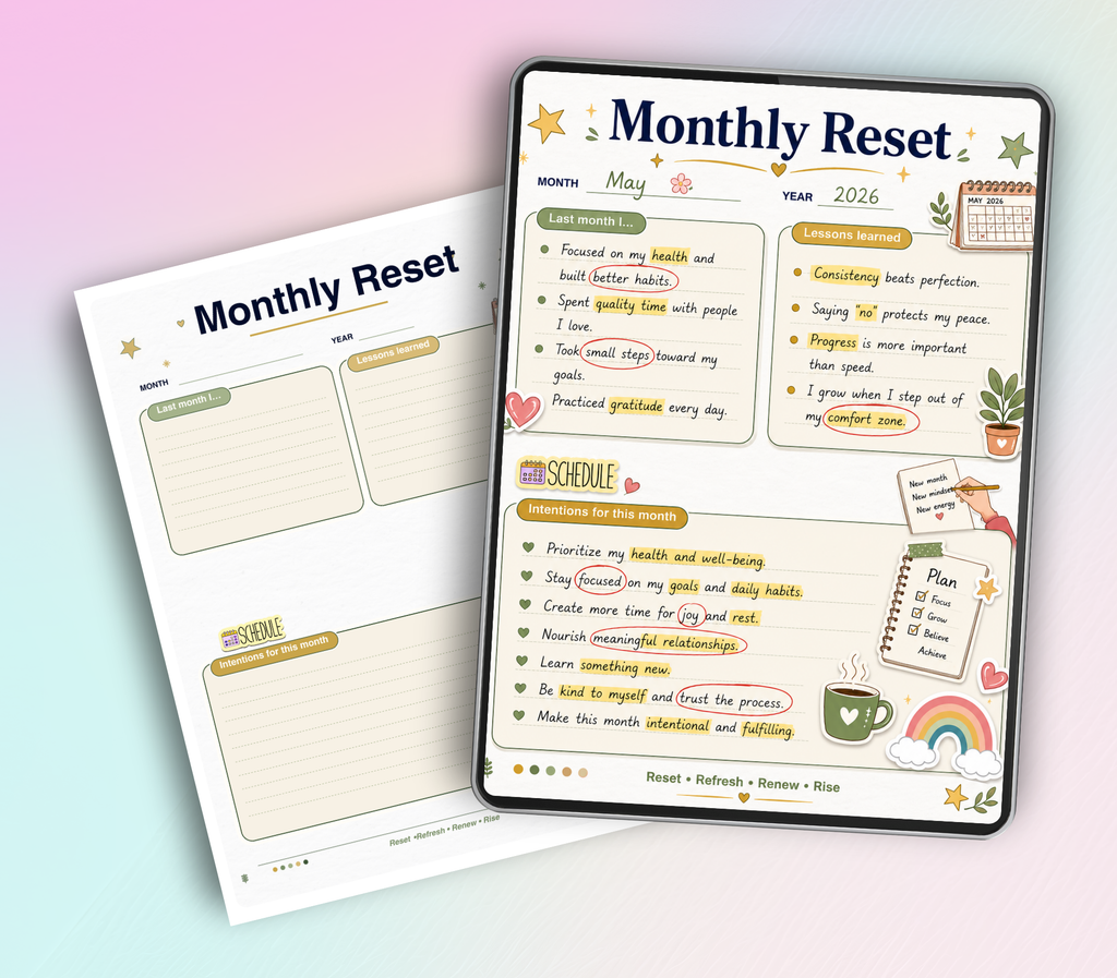 My Monthly Reset Tracker | Printable PDF &amp; PNG Planner | Monthly Reflection, Goal Setting &amp; Reset Routine Checklist